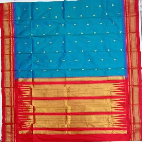 Silk cotton saree mango yellow and blue with plain body and temple des